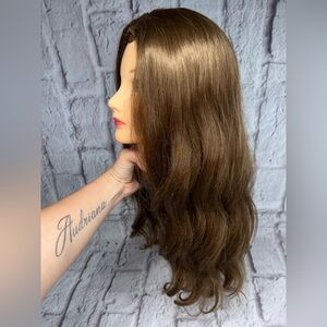 Luxury synthetic lace front medium brown long wavy wig